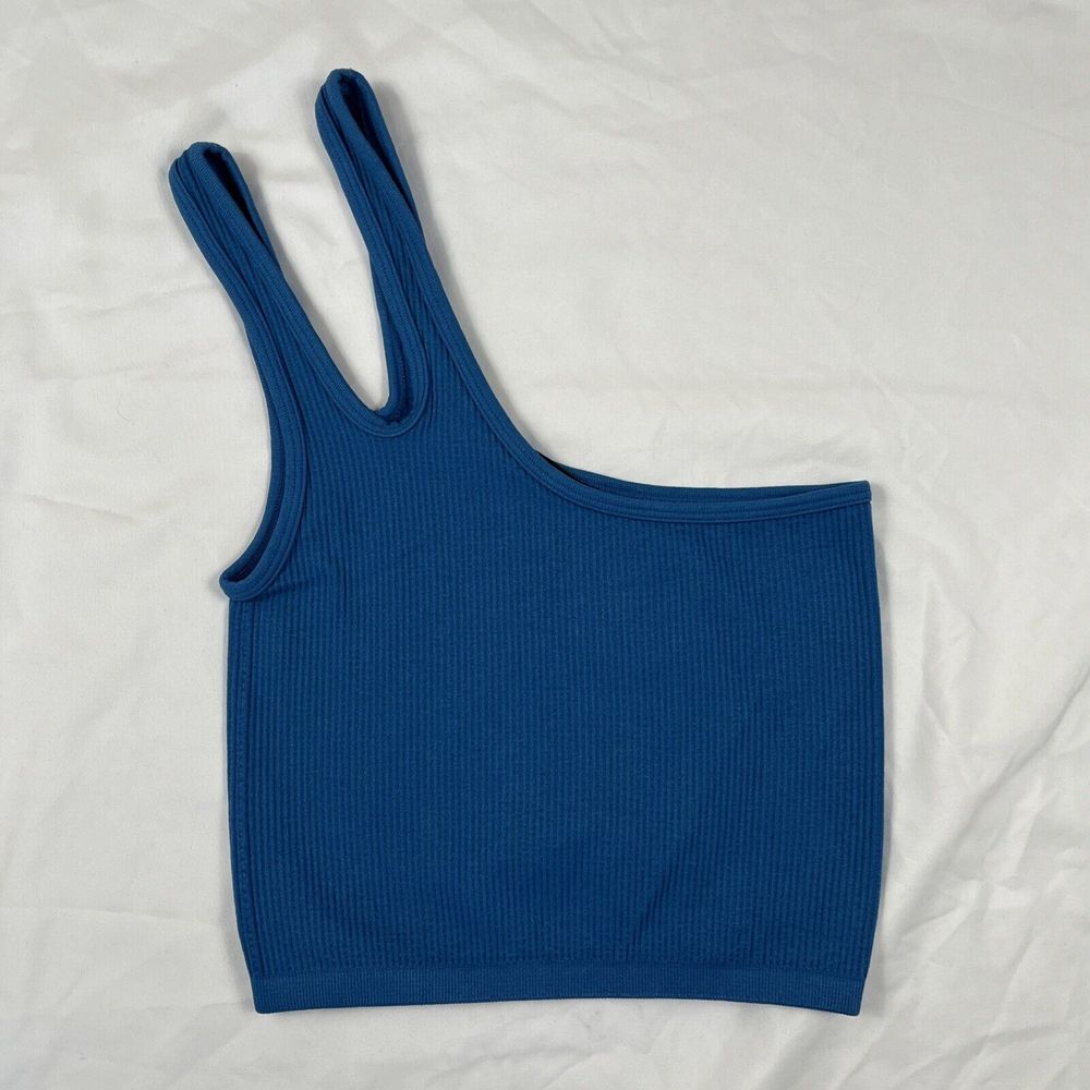 Zara Women Blue Ribbed One‎ Shoulder Cropped Tank Top XS